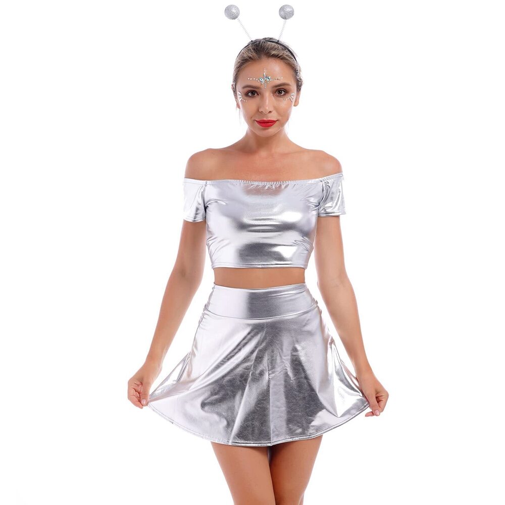 2444 Alien Costume Rave Outfit for Music Festival Metallic Crop Top Shirt